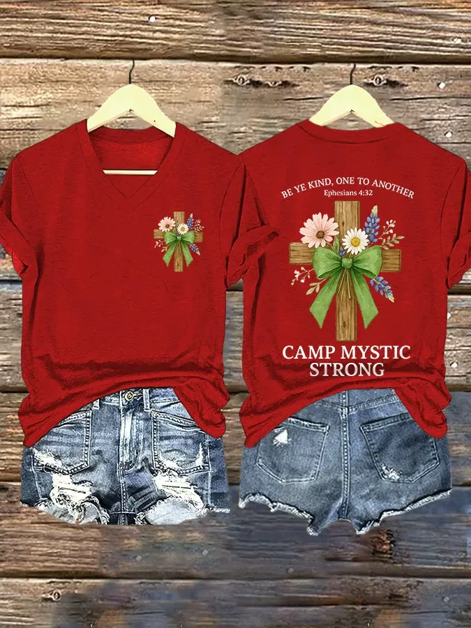 V Neck Retro Texas Strong Green Bow Cross Print T-Shirt