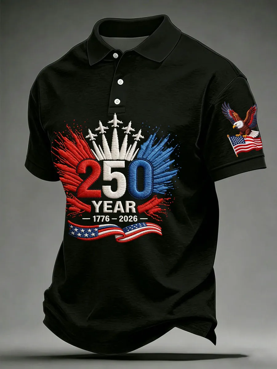 Men'S Retro Patriotic Color-Block Short-Sleeve Polo Shirt