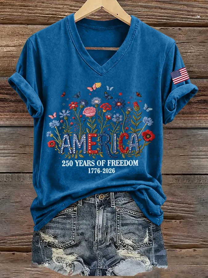 Women's 250th Anniversary Freedom Print V-Neck T-Shirt