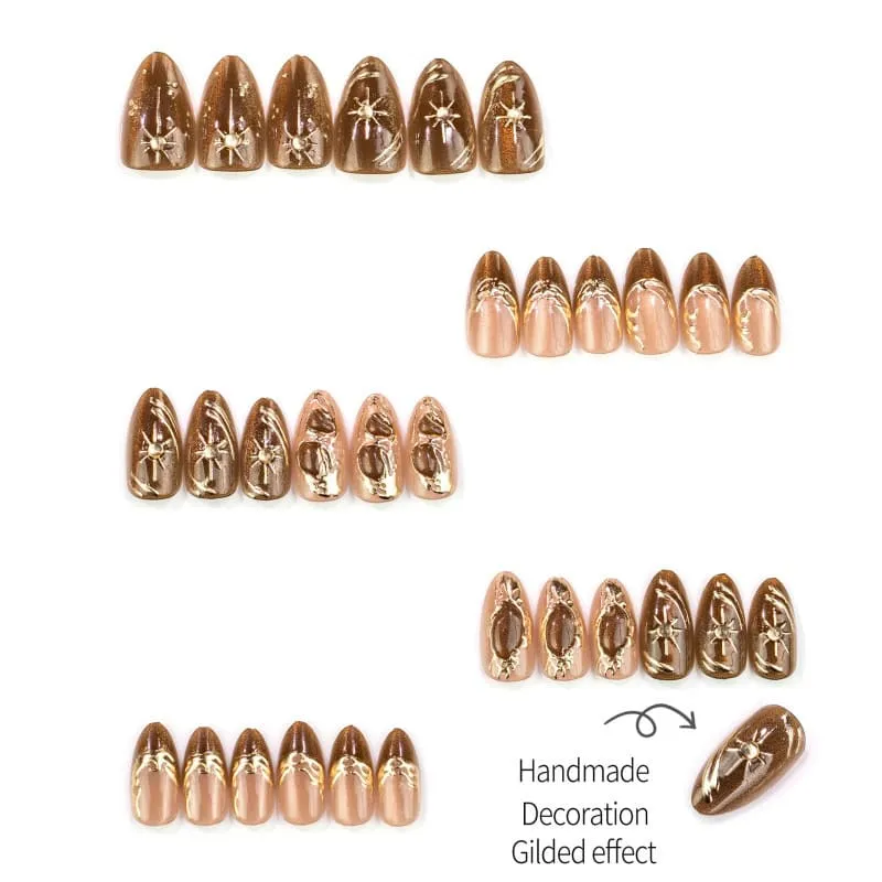 Nailhour 30Pcs Autumn Brown Gilded Medium Almond Press On Nails