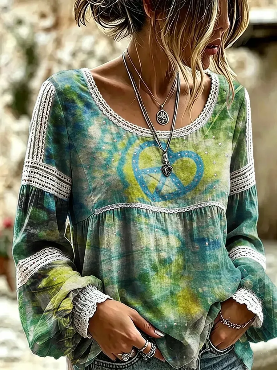 Ethnicity Hippie Love Women's Art Print Casual Lace Print Blouse Shirt