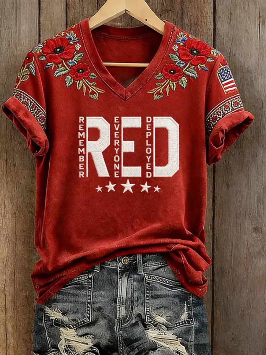 Women's Retro Red Friday Floral Art Print Casual T-Shirt