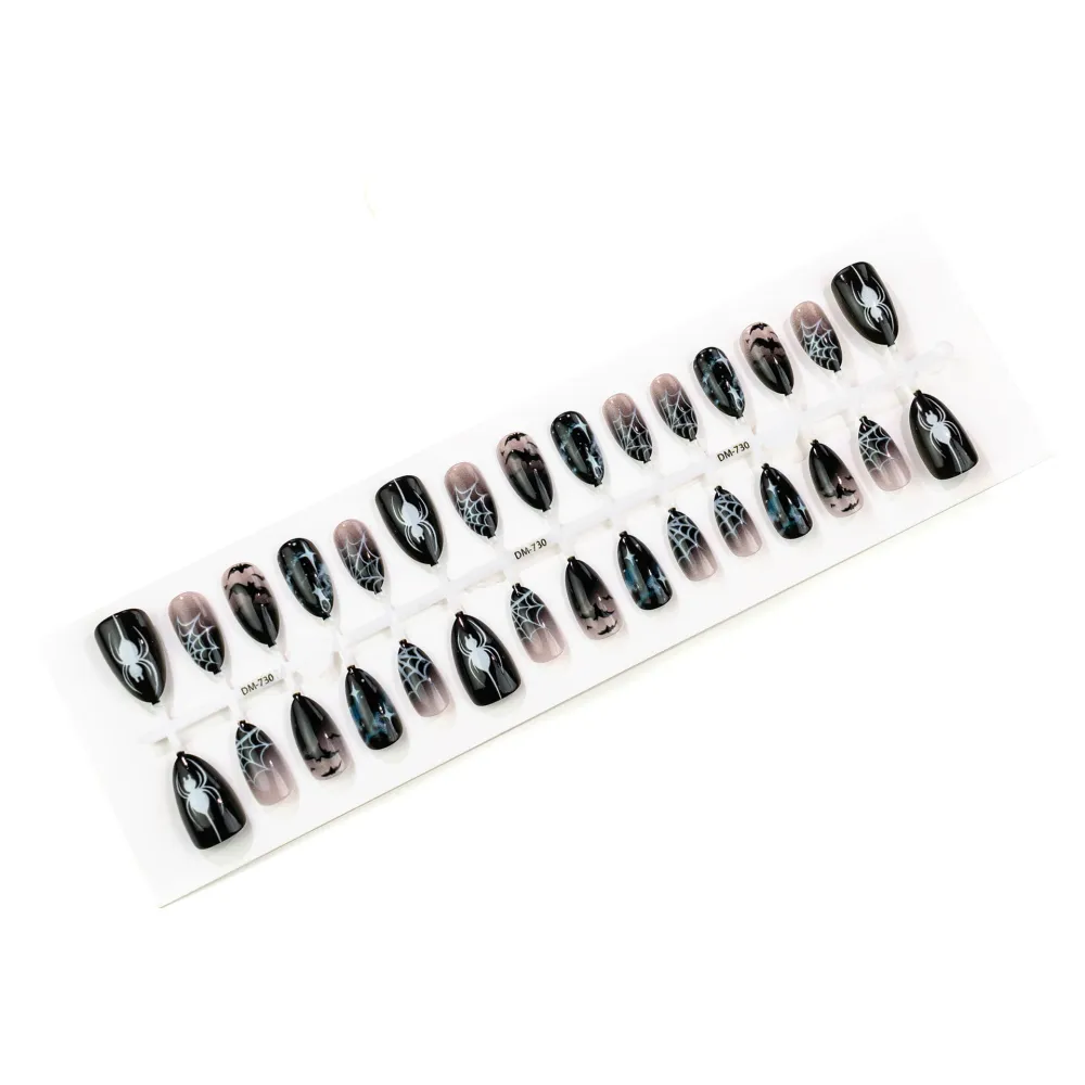 Nailhour 30Pcs Black Spider Web Halloween Short Almond Press On Nails