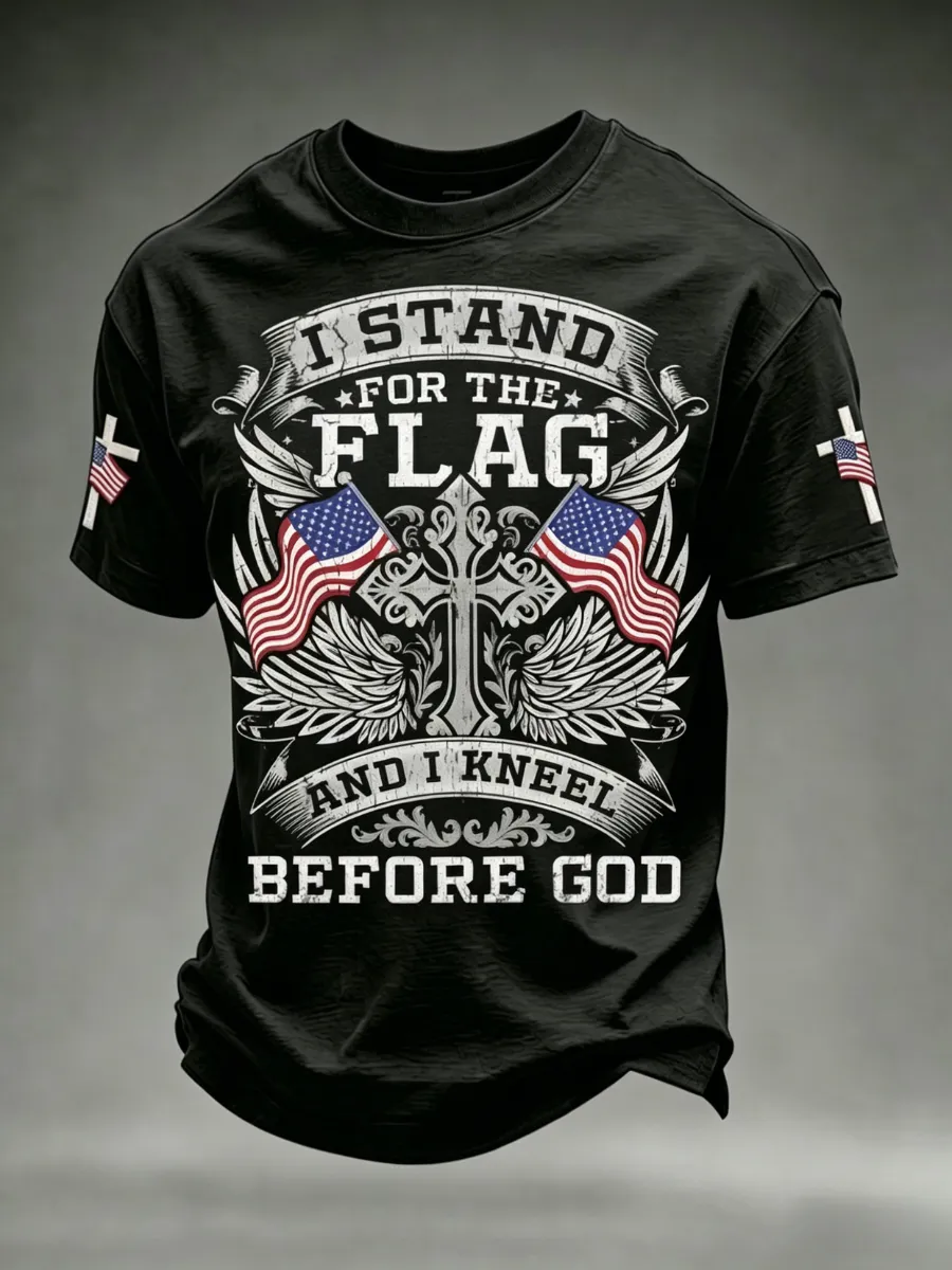 Men's America's 250th Anniversary Stand For The Flag Kneel For The Cross Faith Christian Cross Print T-Shirt