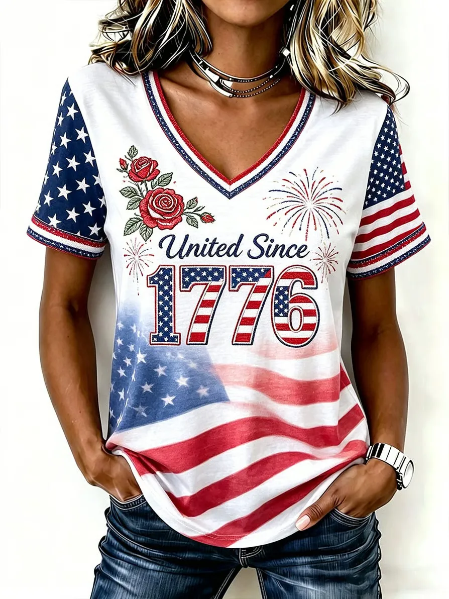 Women's Retro American 250th Anniversary V-neck Short-sleeved T-shirt