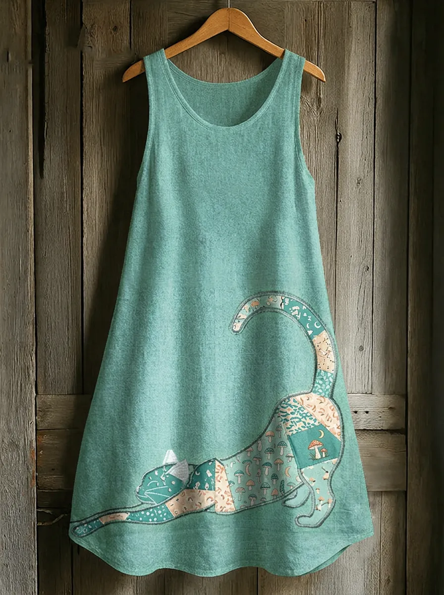 Women's Cat Lover Mushroom Patchwork Printed Cotton Linen Dress