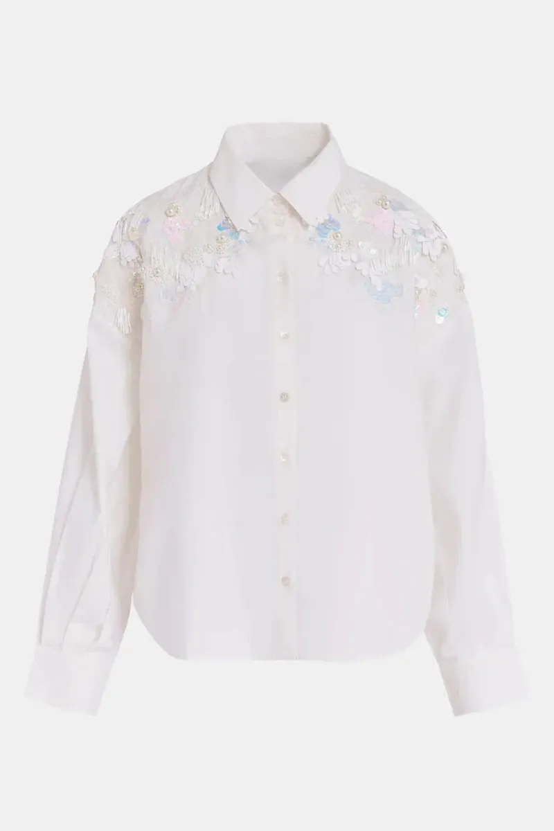 Embroidered Detail Button Up White Shirts