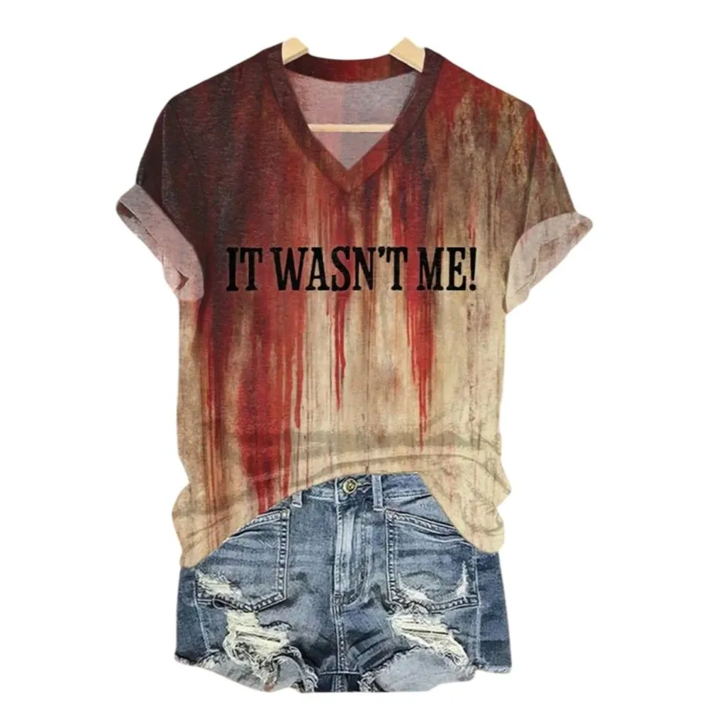2025 Bloody Halloween It Wasn’t Me Print Casual T-Shirt