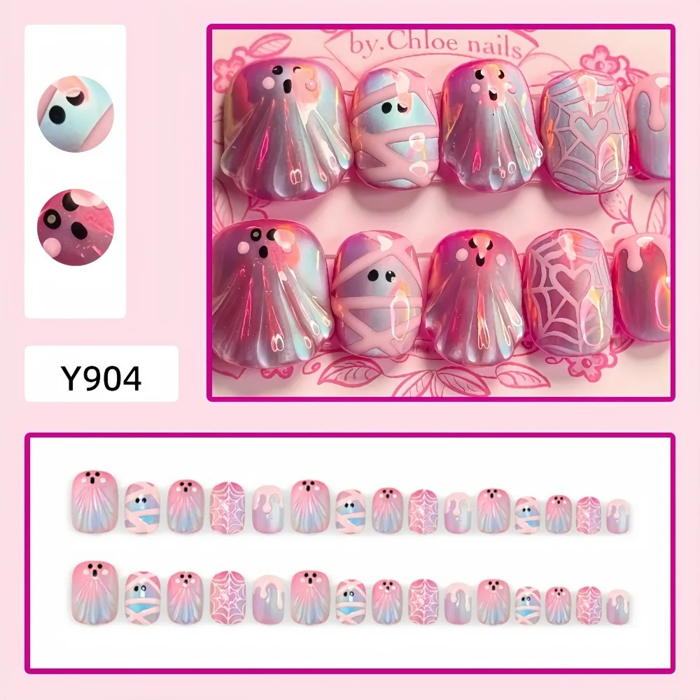 Nailhour 30Pcs Y2K Pink Ghost Cute Halloween Press On Nails