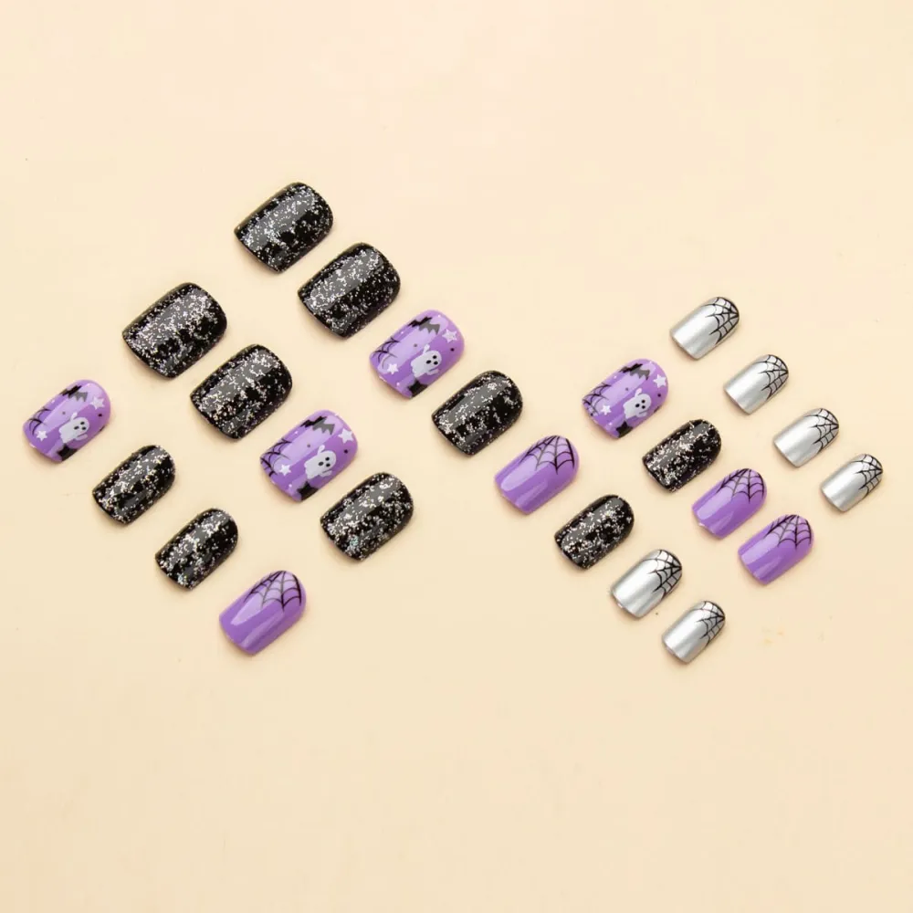 Nailhour 24Pcs Halloween Ghost Spider Web Glitter Short Squoval Press On Nails