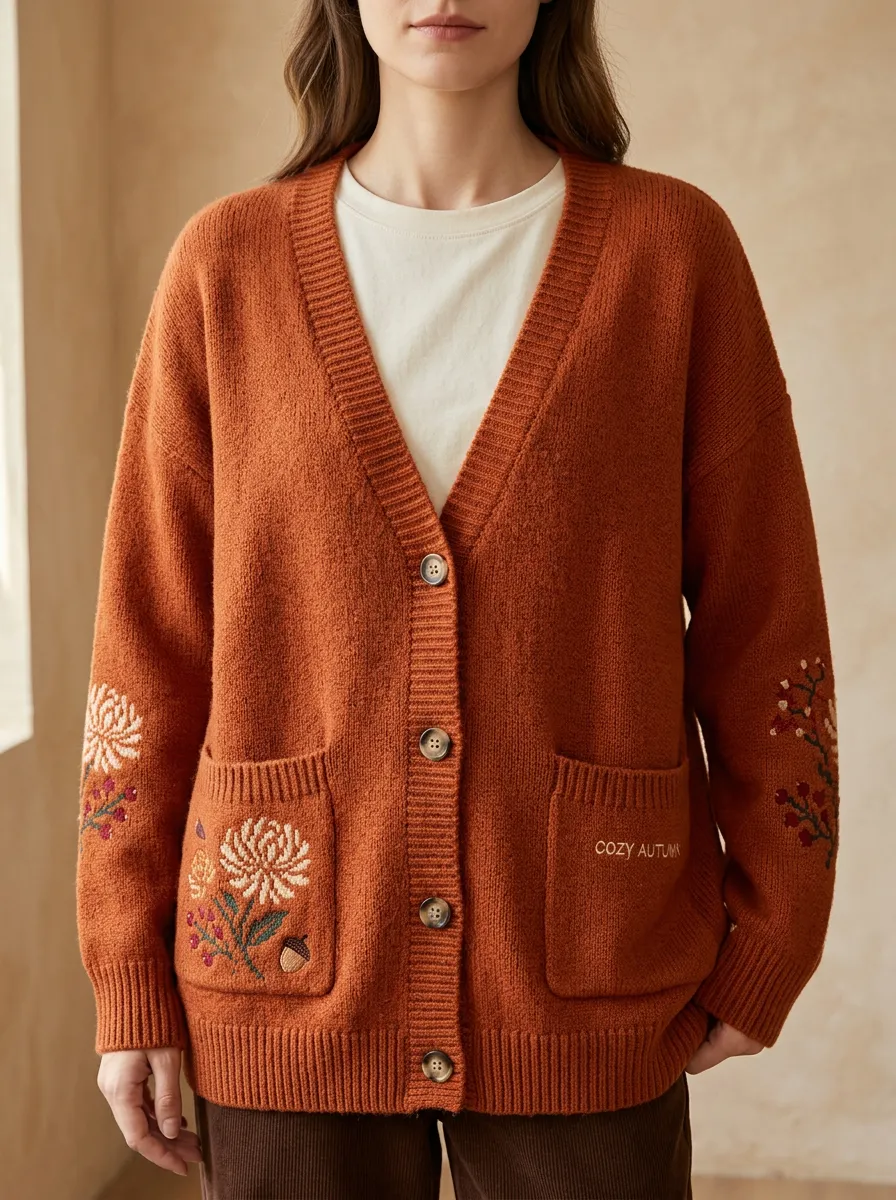 Floral Acorn Embroidered Women's Knit Cardigan