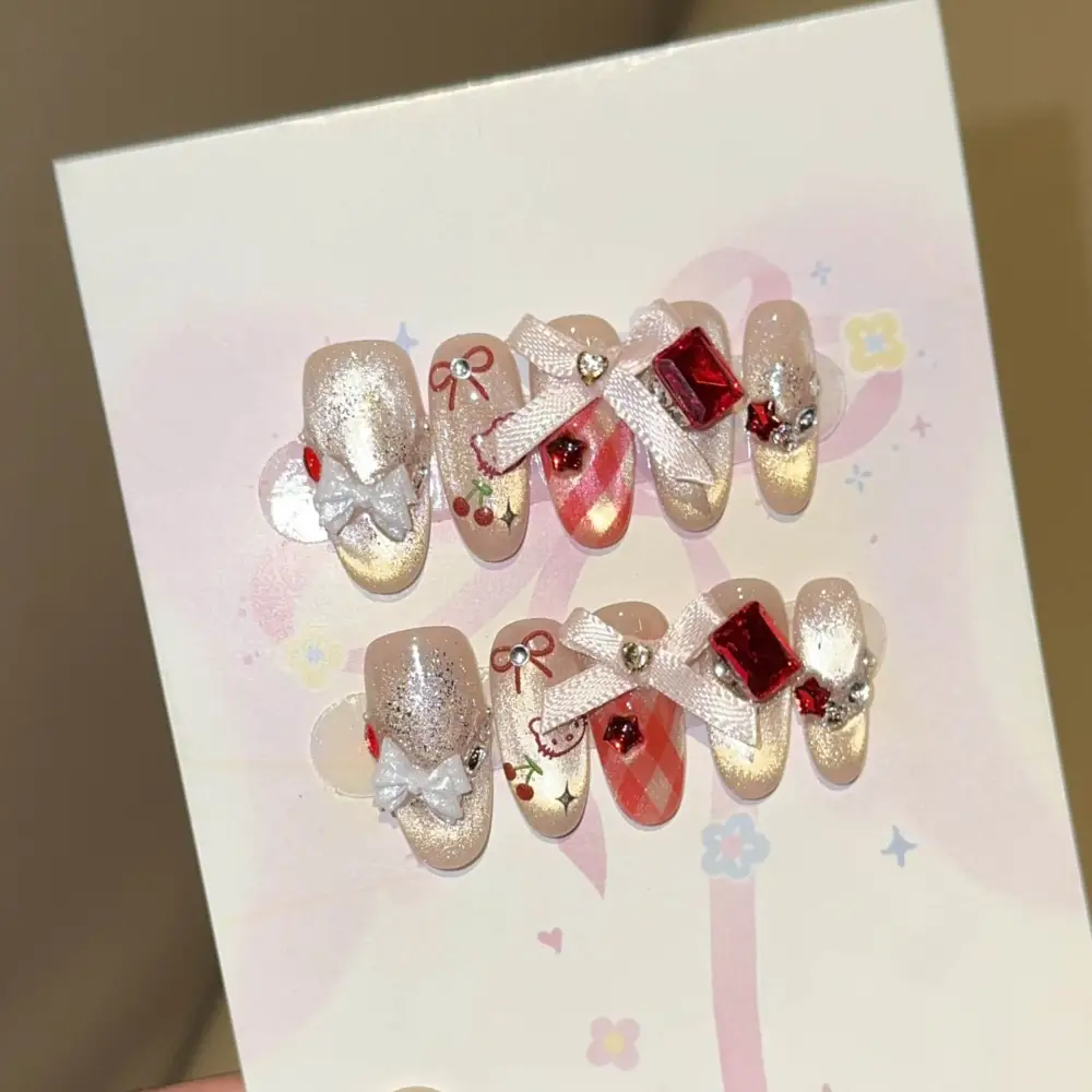 Nailhour Handmade 10Pcs 3D Cat Eye Rhinestone Long Oval Press On Nails