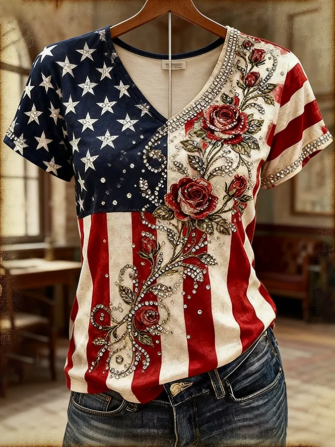 Women's Flower Independence Day Printed Casual T-shirt