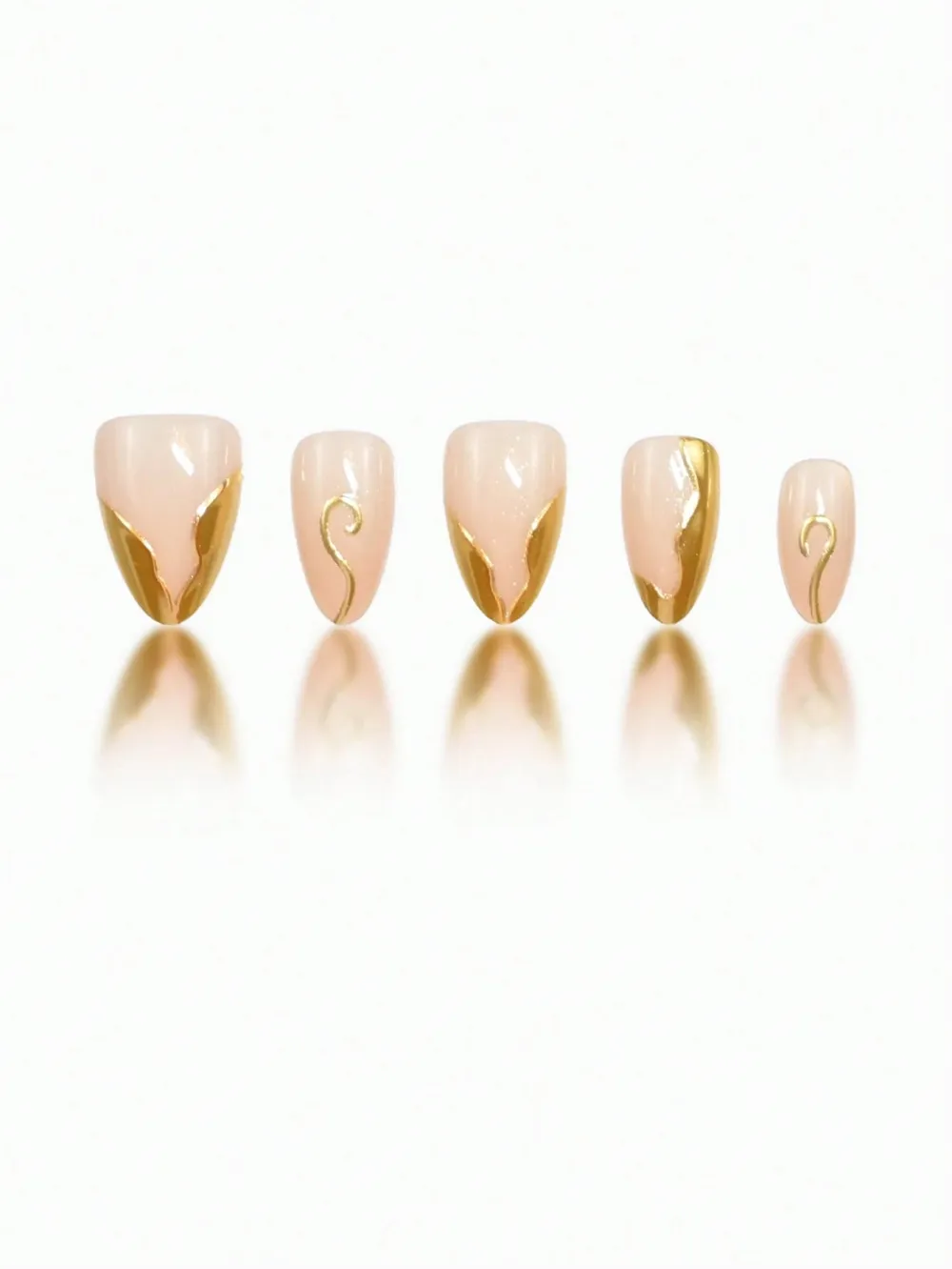 Nailhour 24pcs Nude 3D Gold Foil Wave Decor Press-On Nails