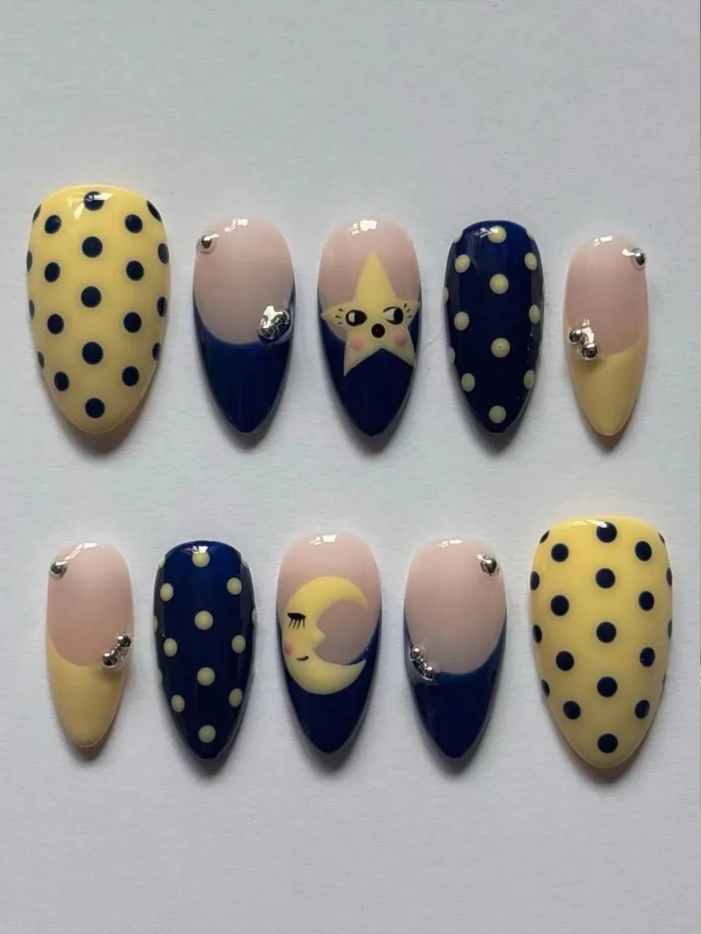Nailhour 30Pcs Short Almond French Cute Polka Dot, Star, Moon Press On Nails
