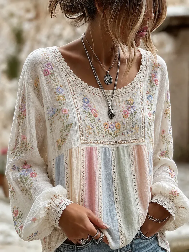 Women's Floral Printed Casual Cotton And Linen Top