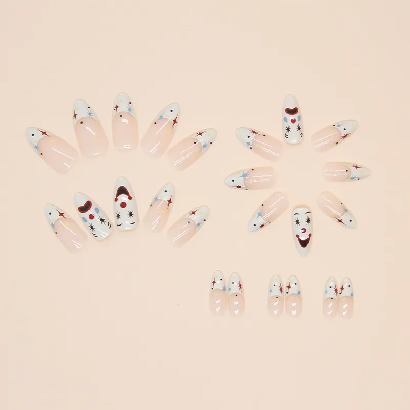 Nailhour Almond White 24Pcs Matte Smiling Face Clown Press On Nails