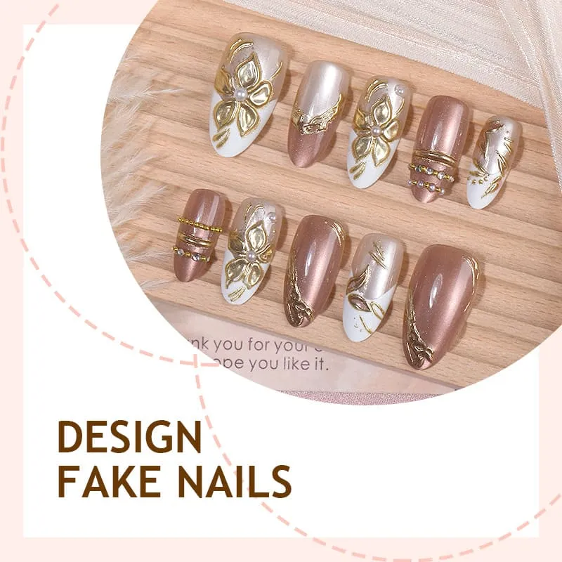 Nailhour 30Pcs Cat Eye French Gilded Medium Almond Press On Nails