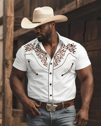 Men'S Plus Size Western Style Daily Casual Textured Short Sleeve Shirt