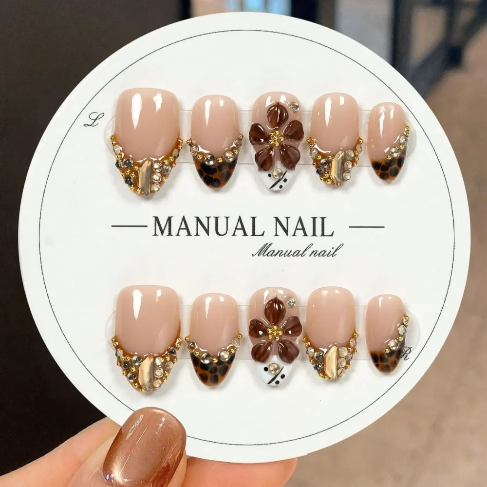 Nailhour 10 Pcs Handmade 3D Brown Flowers Short Almond Press On Nails