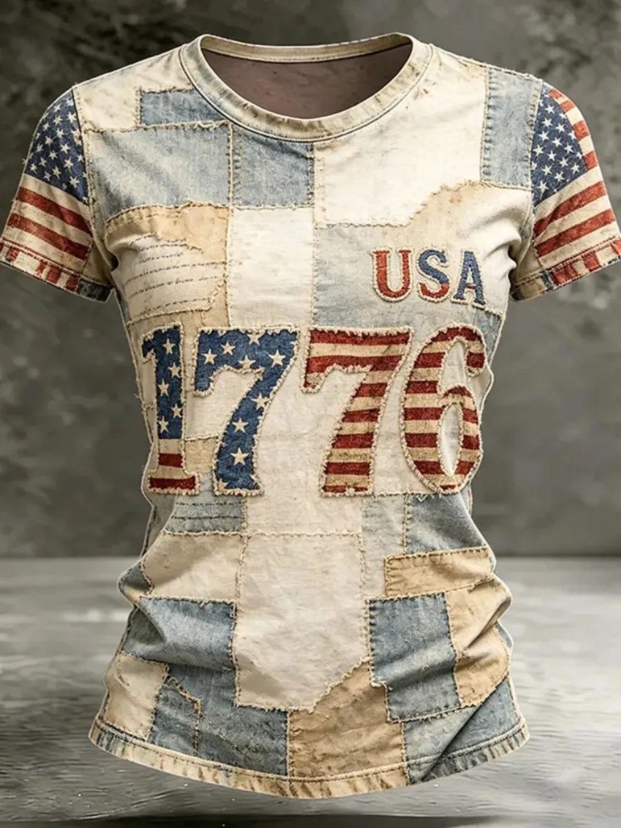 Vintage American Flag Element Design Casual Washed T-shirt