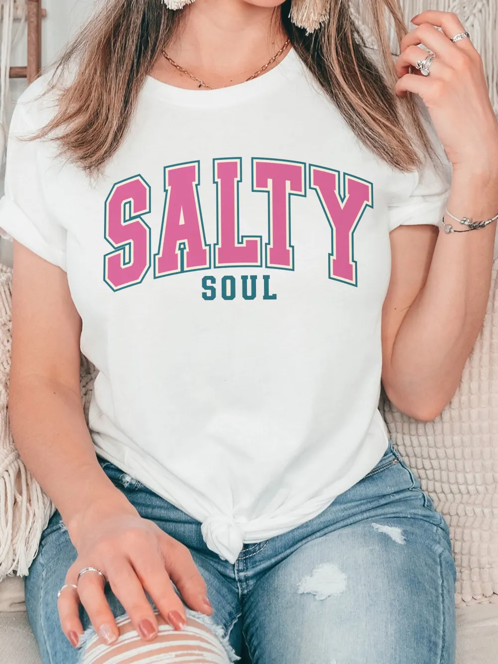 Salty Pink Letter Print T-Shirt
