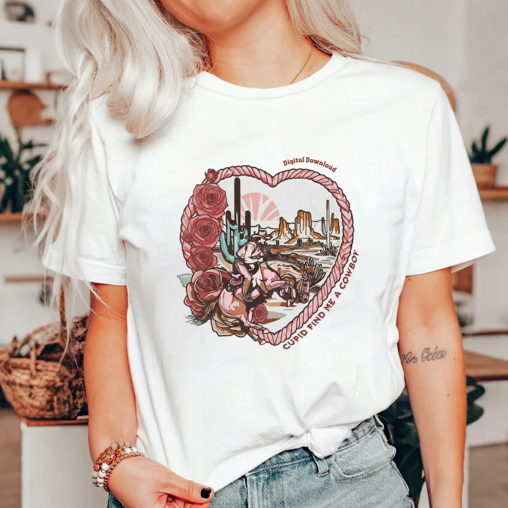 A Cowboy On A Horse With Roses And Cactus In The Heart-Shaped Outline, With A Desert And Sunrise Scene In The Background, Western Cowboy Style, Casual T-Shirt