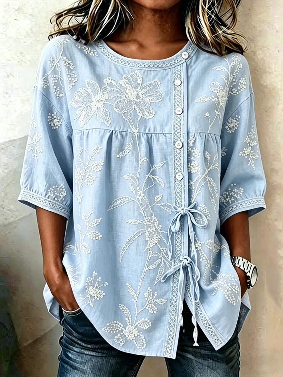 Women'S Casual Print Cotton Linen Top