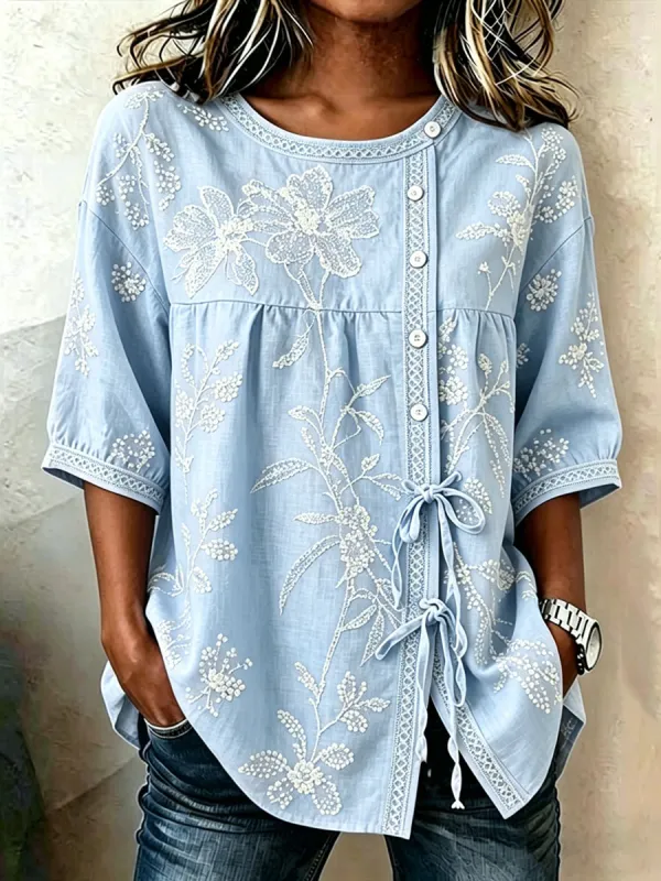Women'S Casual Print Cotton Linen Top