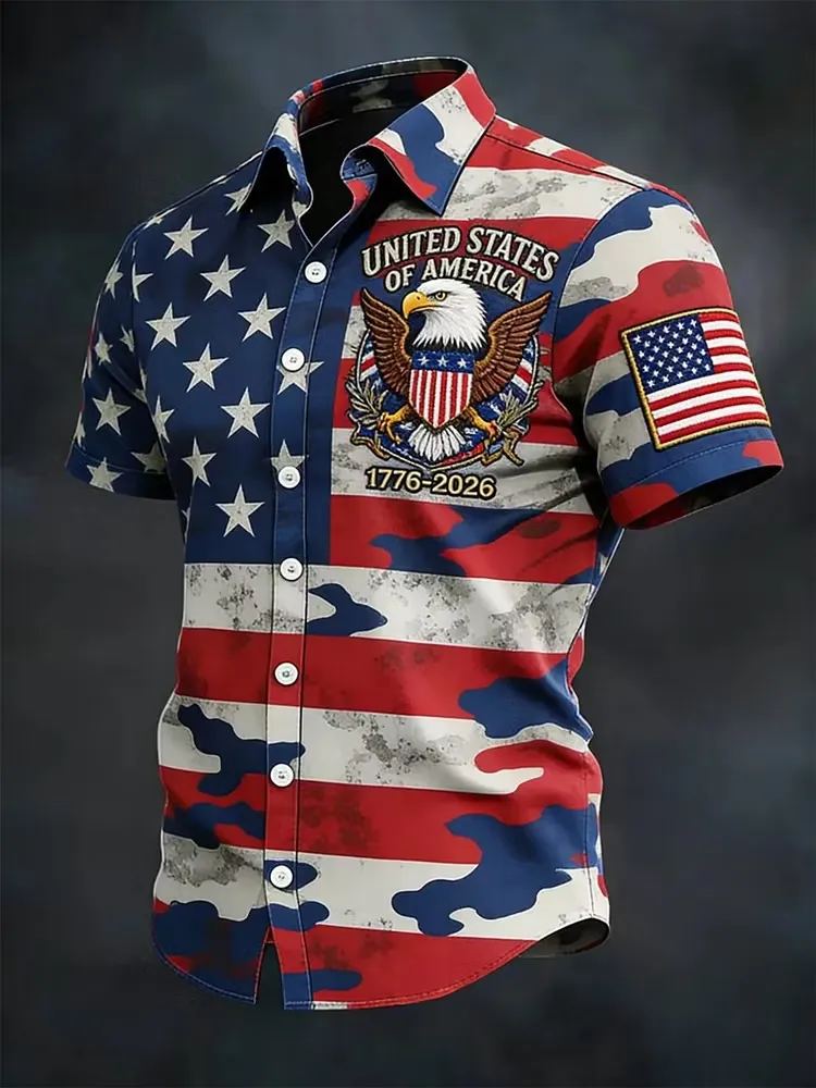 Men'S America Flag Printed Casual Collar Shirt