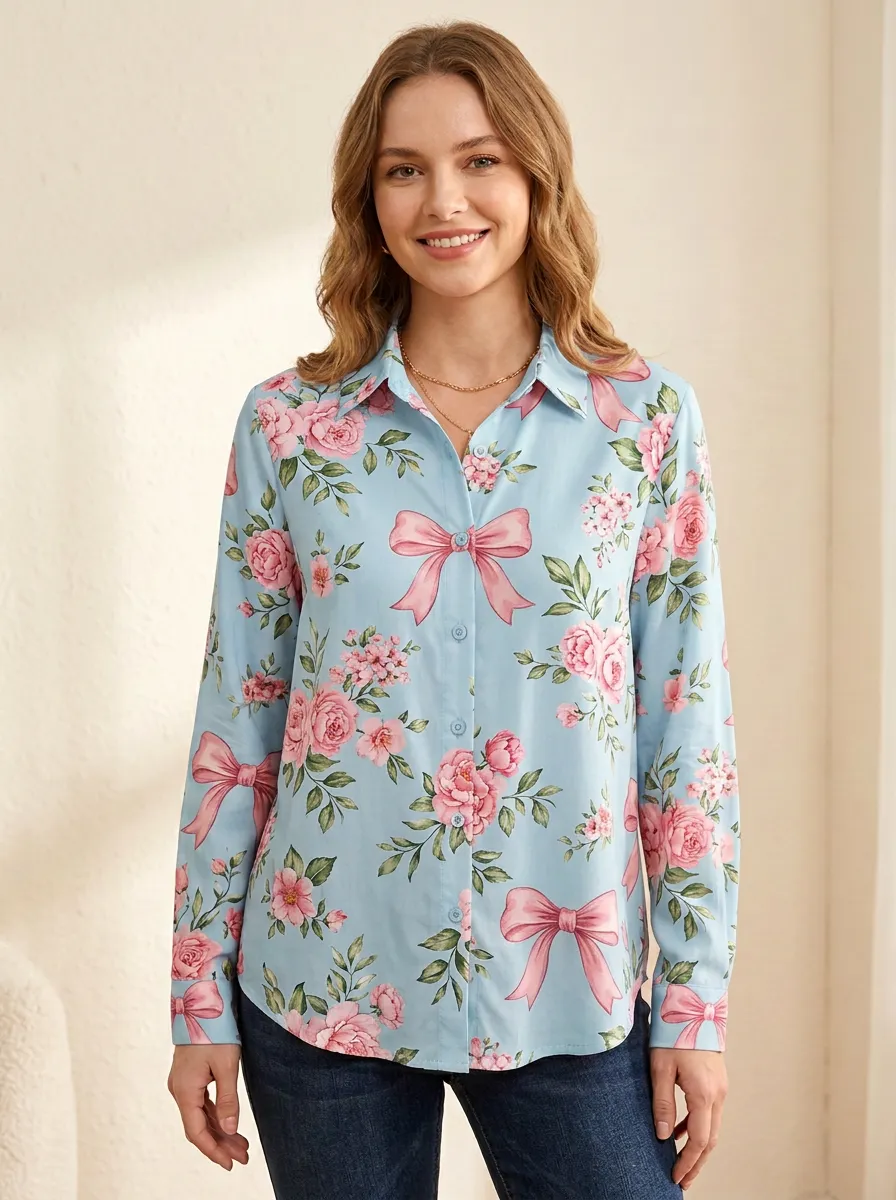 Women's Breast Cancer Awareness Pink Ribbon Floral Printed Button-Down Shirt