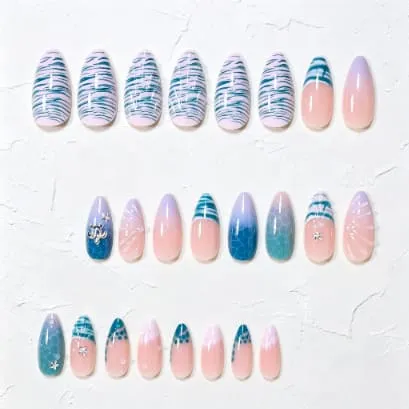 Nailhour 24Pcs Rhinestone 3D Blue Medium Almond Summer Press On Nails