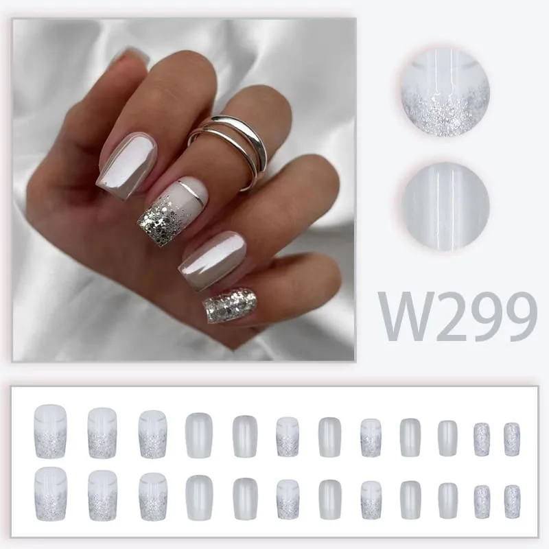 Nailhour 24Pcs Glitter French Minimalist Medium Square Press On Nails