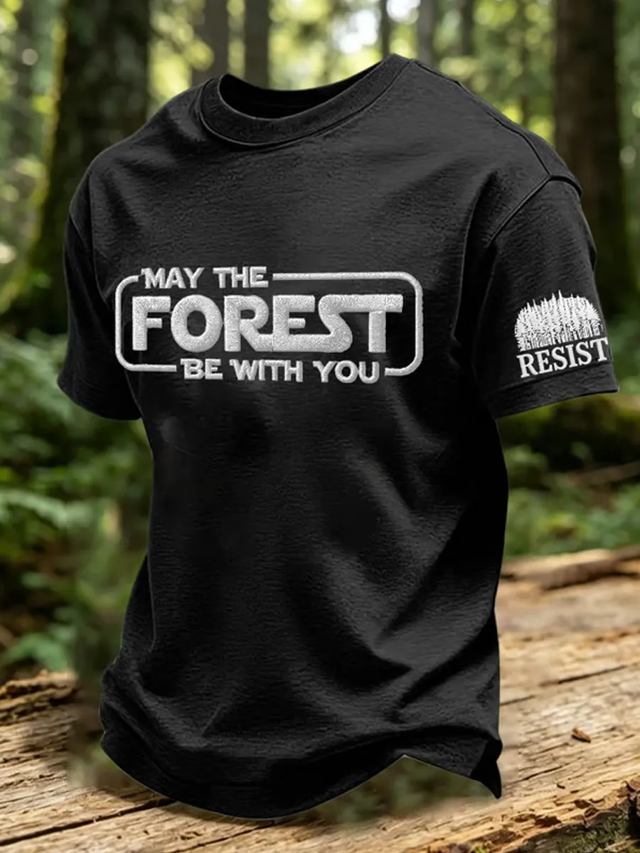 Men's Retro May The Forest Be With You Print Round Neck T-Shirt