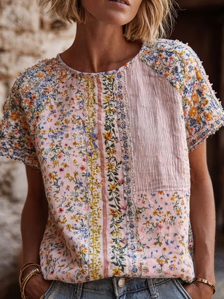 Women's Retro Floral Art Round Neck Short Sleeved Linen Blend T-Shirt