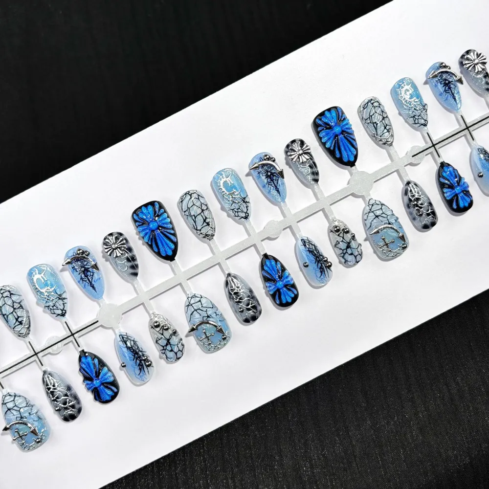 Nailhour 30Pcs Chrome Hearts Glacier Blue Medium Almond French Press On Nails