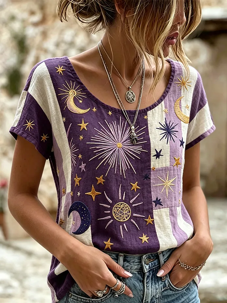 Women'S Casual Printed Cotton And Linen Round Neck Top