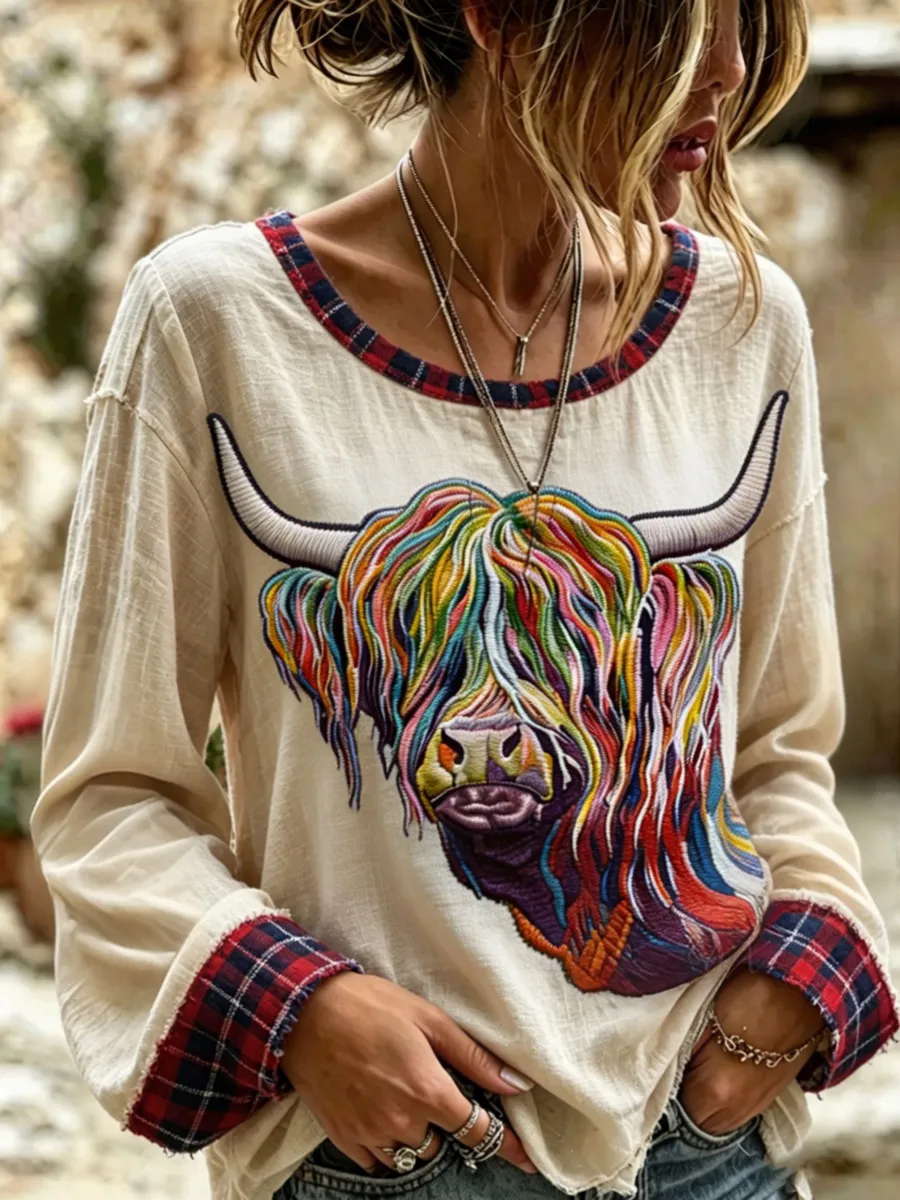 Scottish Highland Cow Print Women's Cotton-Linen Blouse
