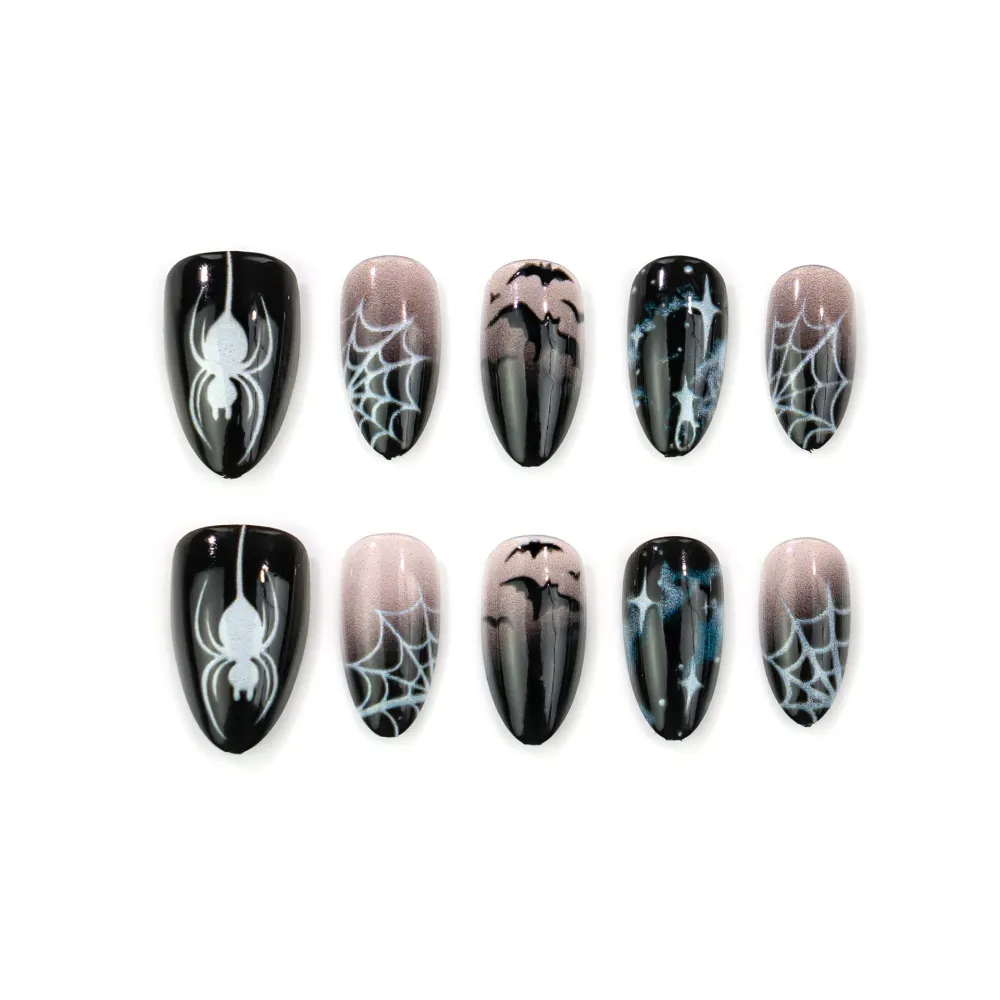 Nailhour 30Pcs Black Spider Web Halloween Short Almond Press On Nails