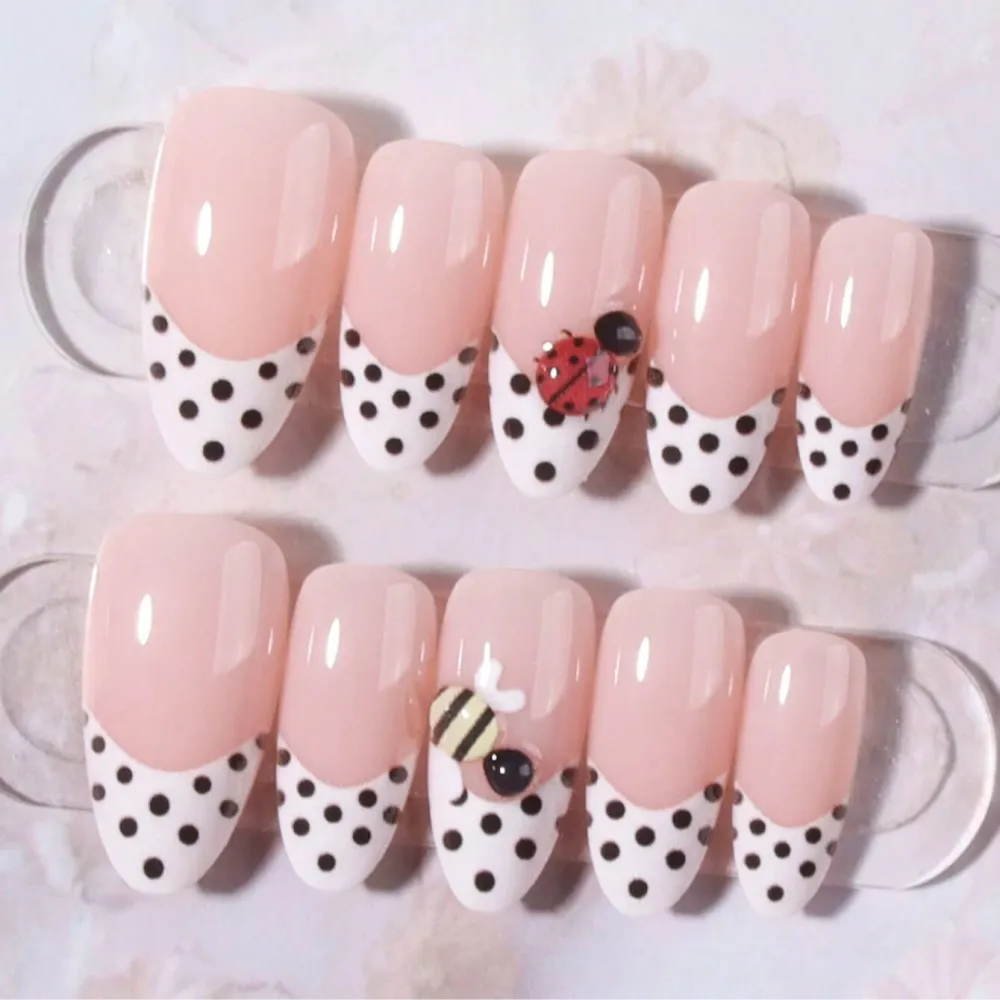 Nailhour 30Pcs French Medium Almond Bumblebee Polka Dot Press On Nails