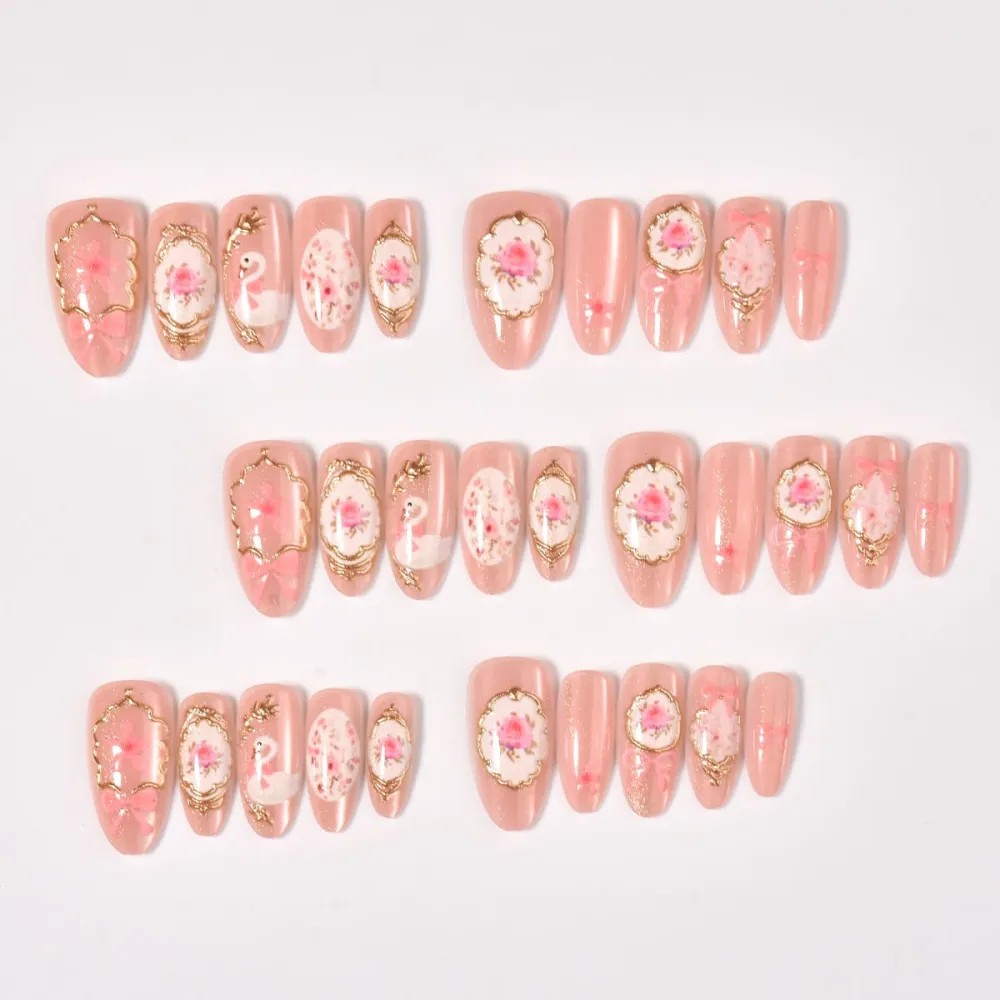 Nailhour 30Pcs Floral 3D Gilded Medium Almond Cat Eye French Press On Nails