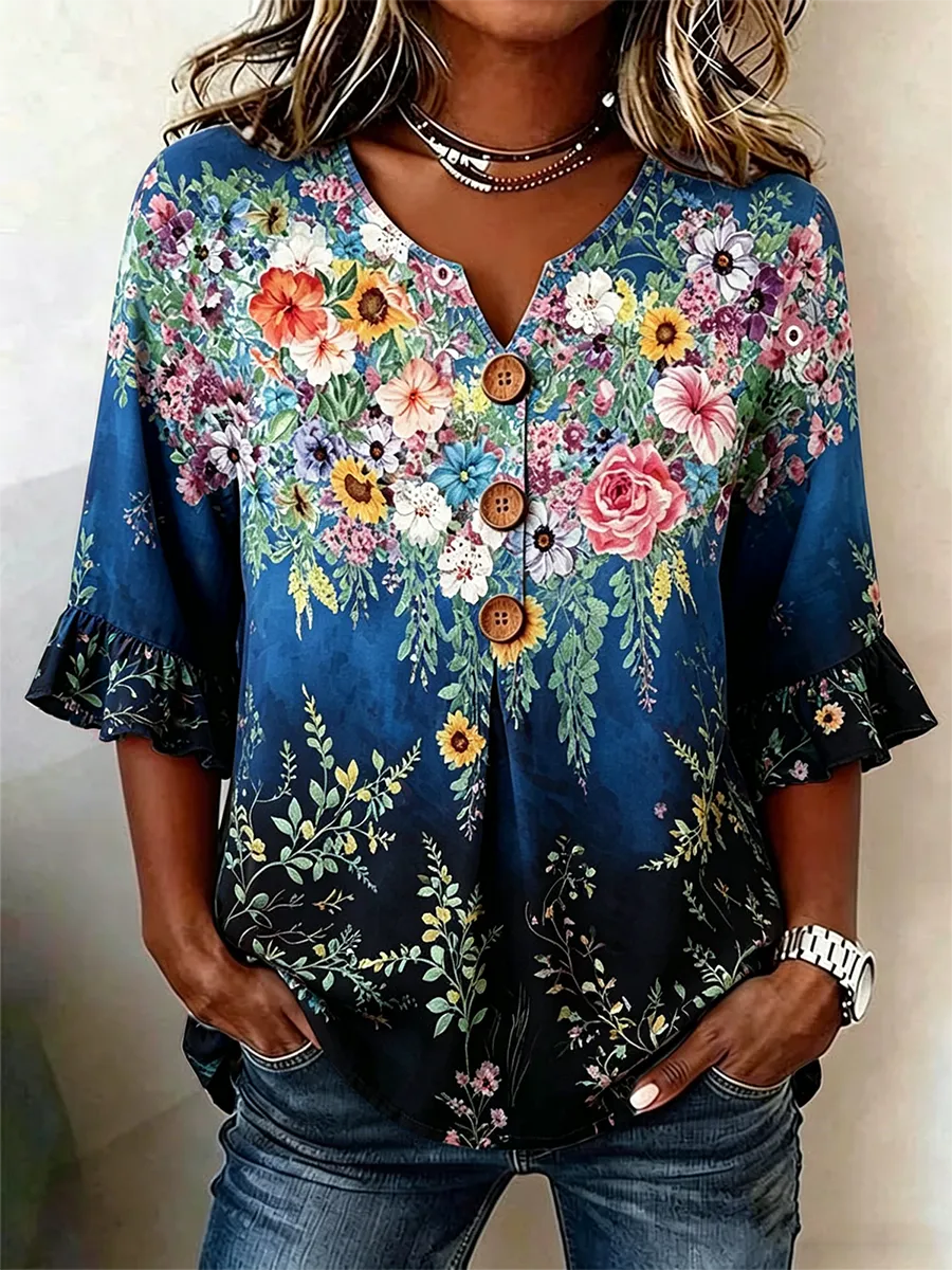 Women's Half Sleeve Floral Lightweight Loose Shirt