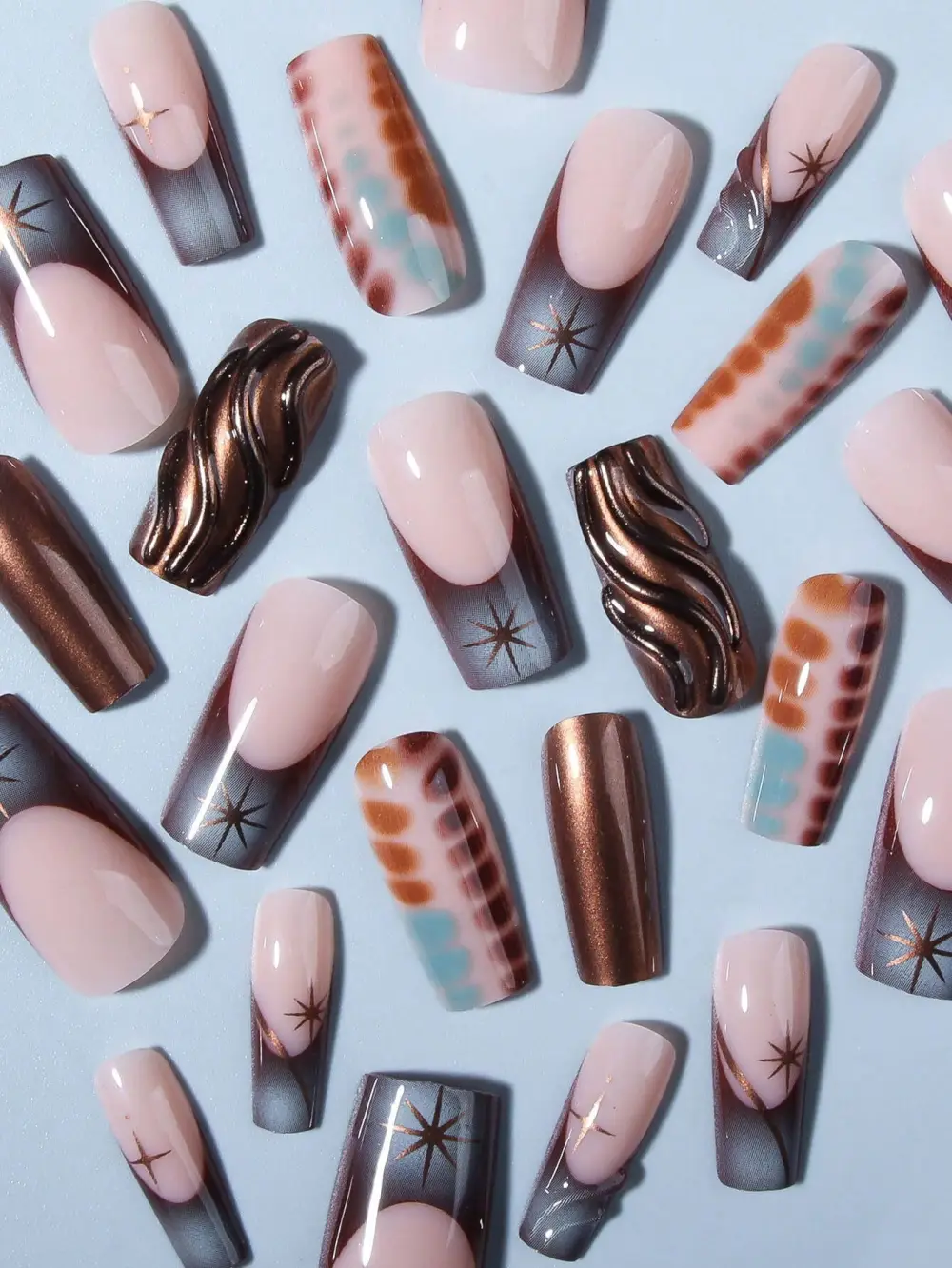 Nailhour 24Pcs French Gilded Glitter Long Square Press On Nails
