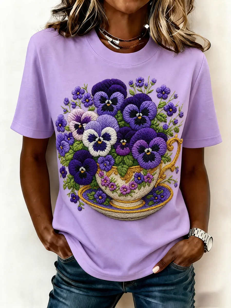 Women's Casual Purple Floral Art T-Shirt