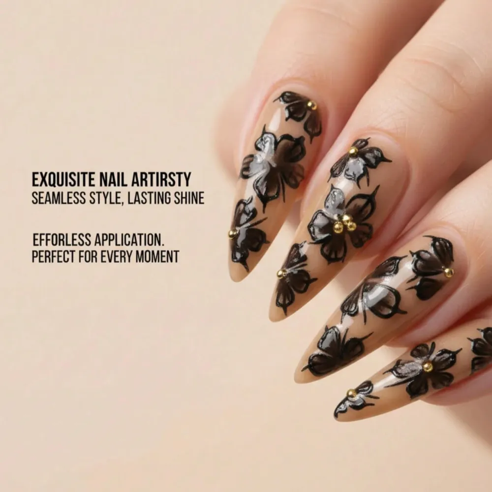 Nailhour 24Pcs Black Floral Extra Long Stiletto Press On Nails