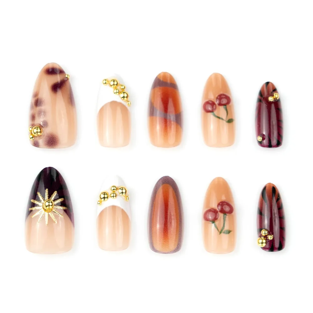Nailhour 30Pcs Gilded 3D Cherry Medium Almond French Press On Nails
