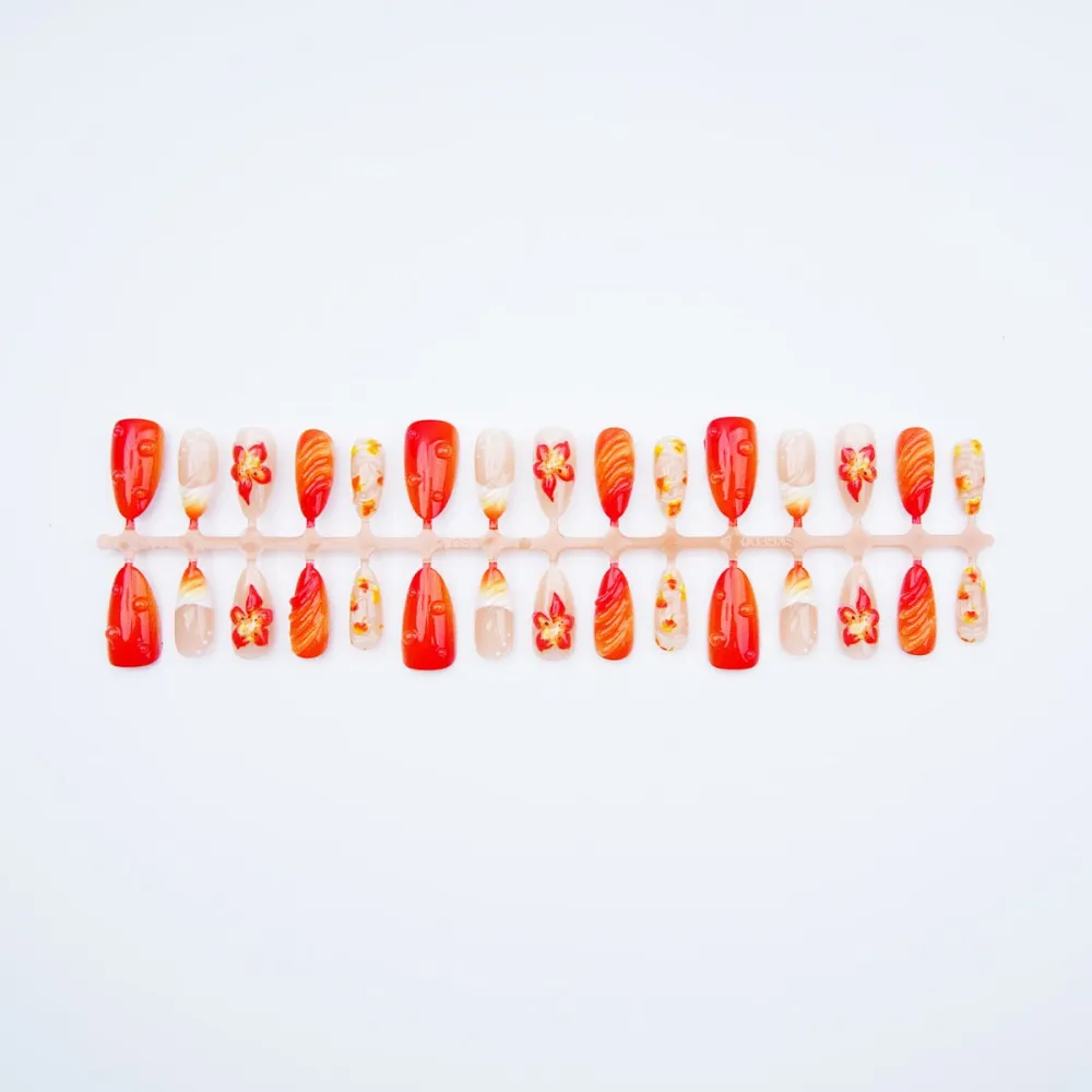Nailhour 30Pcs Autumn Orange Floral 3D Medium Almond French Press On Nails