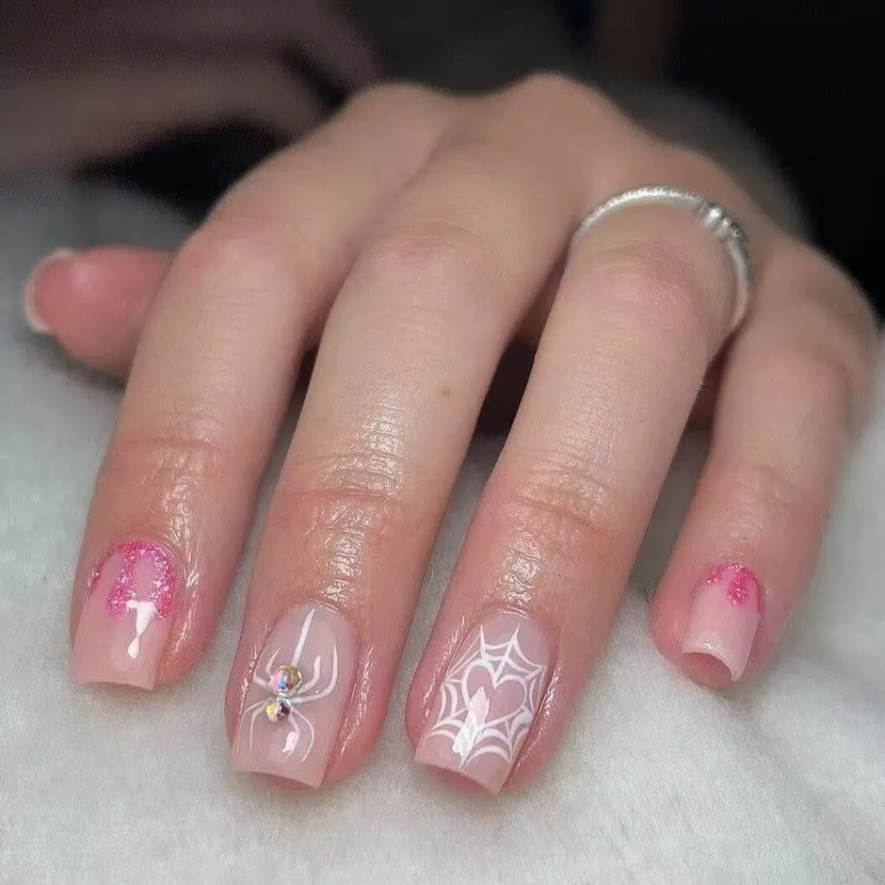 Nailhour 24Pcs Pink Halloween Chrome Short Square Press On Nails
