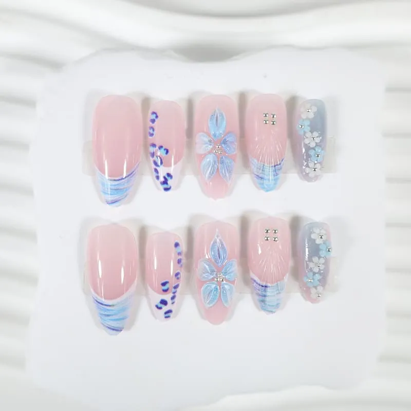Nailhour 24Pcs Floral 3D Medium Blue Almond French Press On Nails