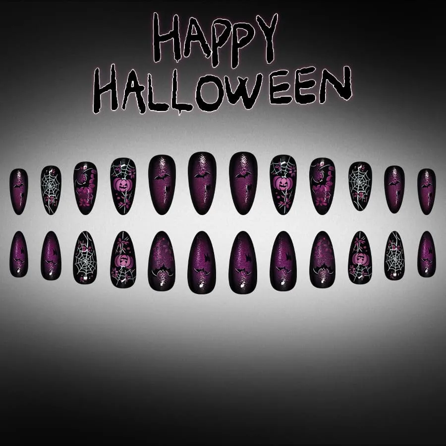 Nailhour 24Pcs Pumpkin Spider Purple Glossy Halloween Medium Almond Press On Nails